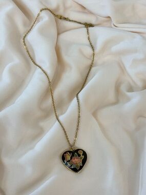 Vintage Cloisonné Black Heart Floral and Butterfly Necklace